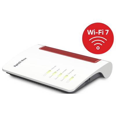 Ein weißer Router mit roten Akzenten mit der Beschriftung "Fritz! Box" neben einem roten Kreis mit "Wi-Fi 7"-Symbol, das seine Wireless-Fähigkeit anzeigt.