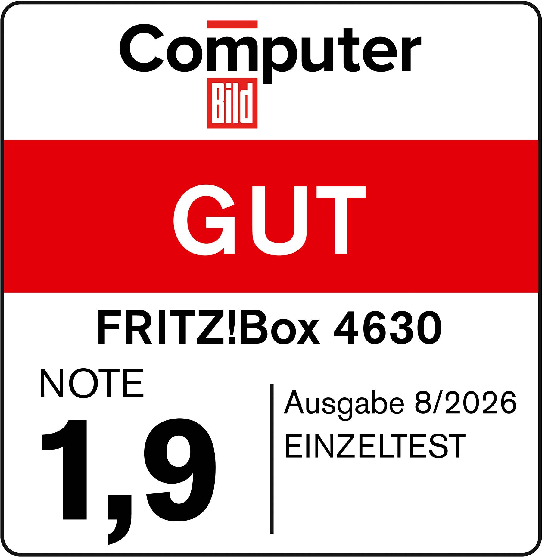 Titelbildseite für connect Magazin: „connect" Logo, rote Bewertung „GUT", und Text „AVM Fritz!Box 4630", „Heft 4/2026", „Einzeltest".