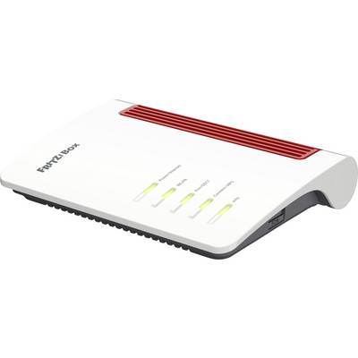 Ein weiß-roter kabelloses Internet-Router mit vier Kontrollleuchten mit den Bezeichnungen „Power/DSL", „FON", „Wireless" und „Info".