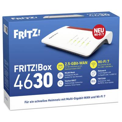 "FRITZ!Box 4630" Verpackung mit einem weißen, modernen Design-Router, bewirbt "2,5-GBit-WAN", "Wi-Fi 7" und "Mesh"-Funktionen für ein schnelles Heimnetzwerk.