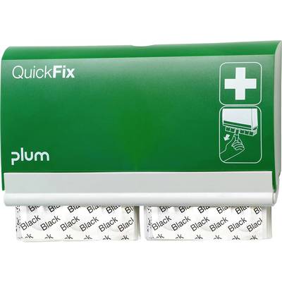 Plum QuickFix Pflasterspender zeigt Anleitung zum Entnehmen von Pflastern, grünes Gehäuse mit weißem Kreuzsymbol und Text 'QuickFix'.