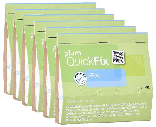 Sechs Packungen grüner Pflaster mit der Aufschrift 'plum QuickFix XRay', jede enthält 45 Pflasterstreifen in der Größe 72 x 25 mm.