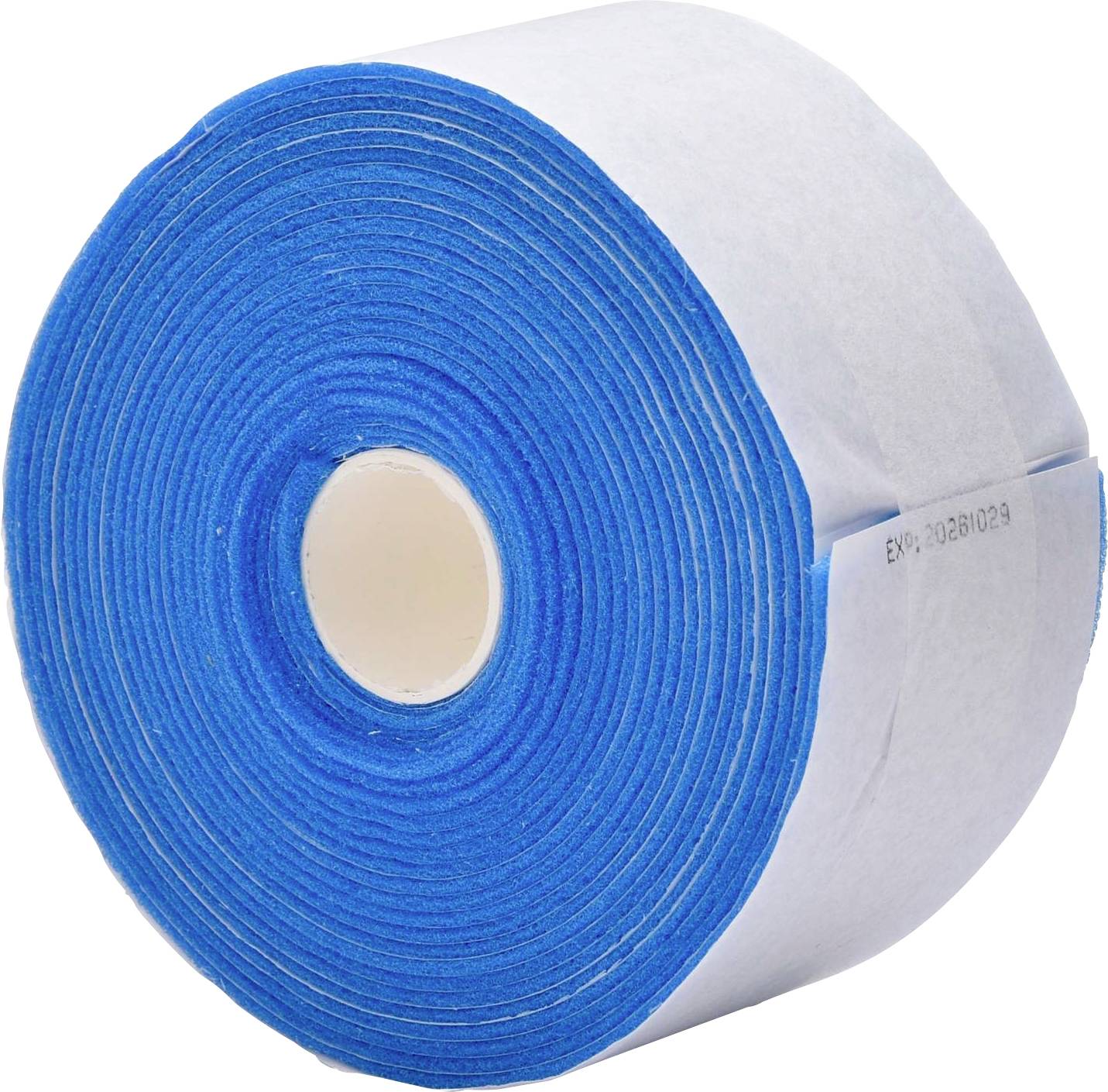 Eine blaue Rolle Verbandmaterial mit weißem Kern, seitlich liegend.