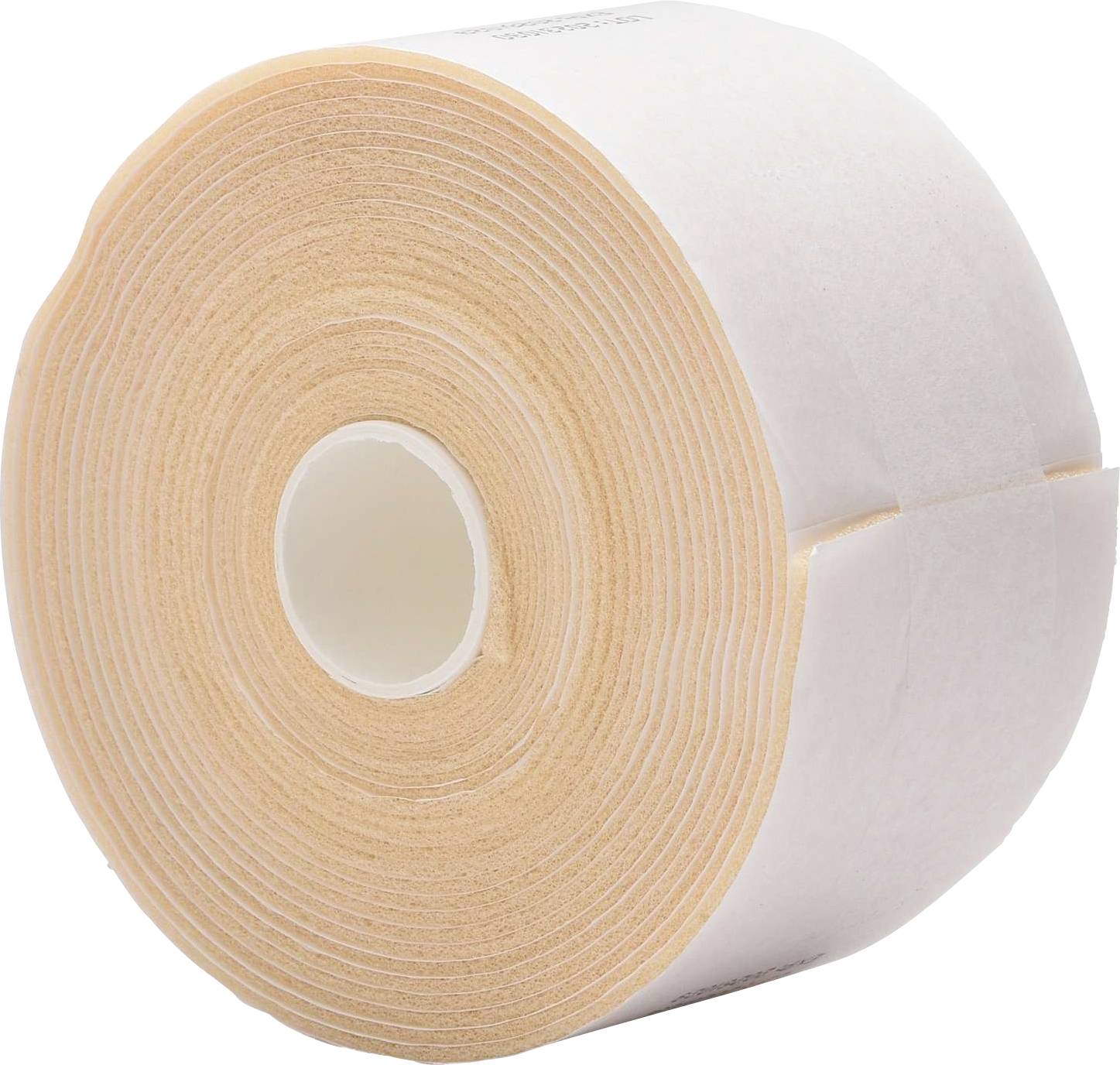 Eine Rolle hautfarbenes, elastisches Kinesiologie-Tape, unbenutzt, zeigt die Oberseitenansicht mit zentralem Loch. Geeignet für physiotherapeutische Zwecke.