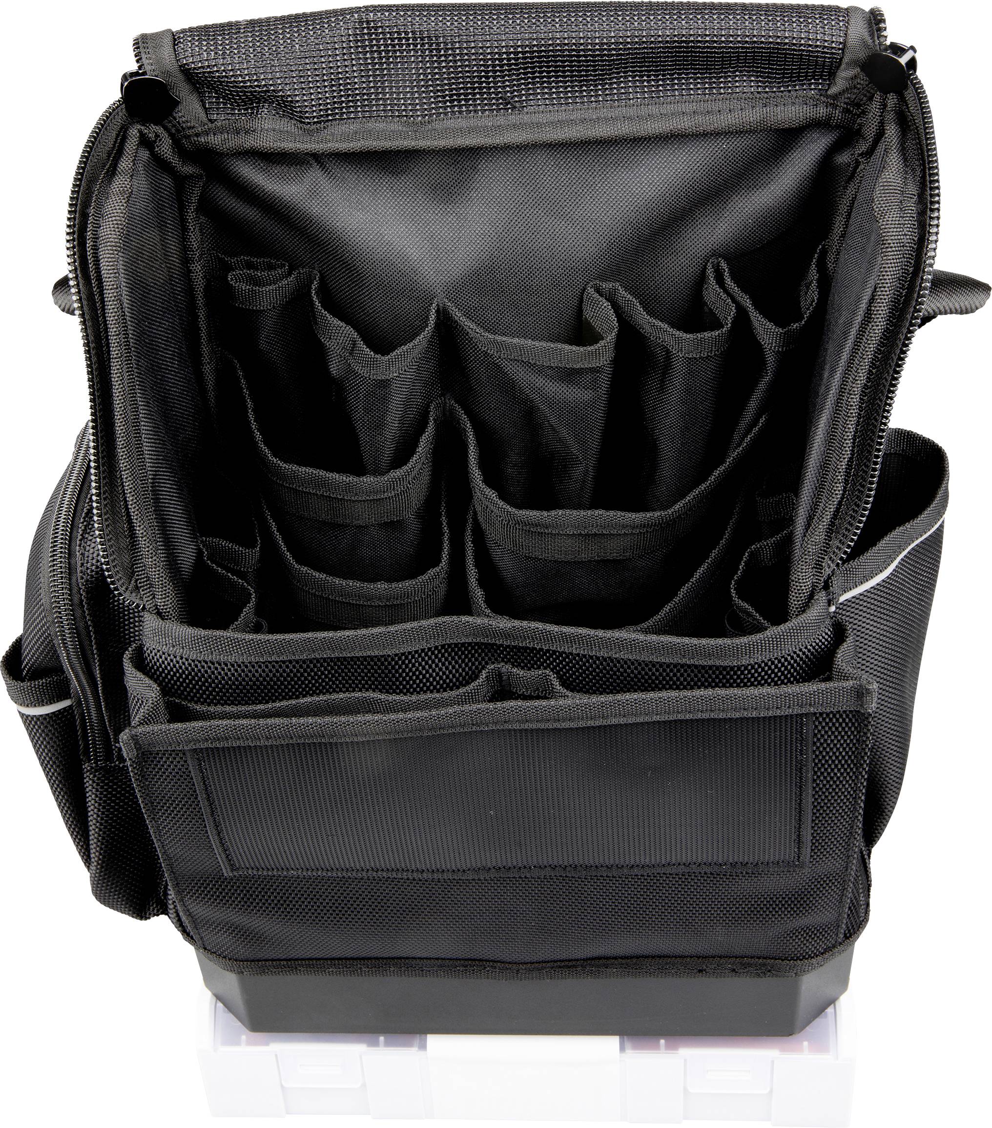 Eine schwarze Werkzeugtasche mit mehreren offenen Taschen und Fächern, von oben betrachtet, konzipiert zur Organisation verschiedener Werkzeuge und Zubehör.