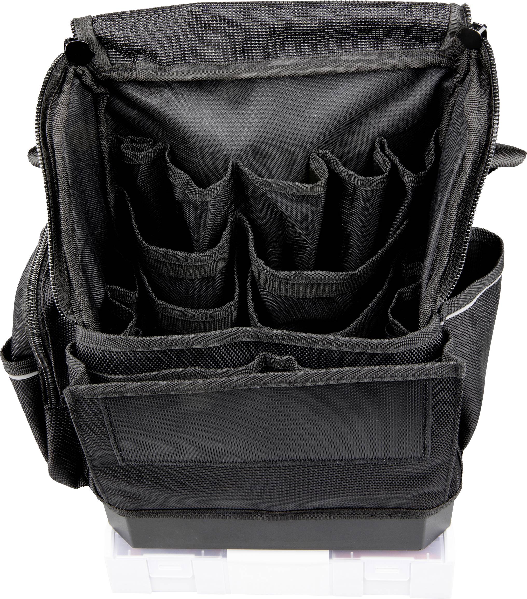 Ein offener schwarzer Rucksack, der mehrere interne Fächer und Taschen zeigt und zum Organisieren von Werkzeugen oder Zubehör entwickelt wurde.