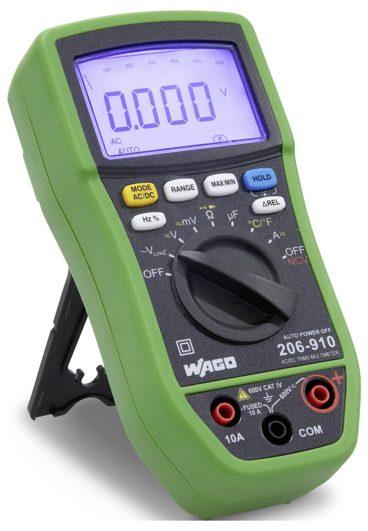 Grünes WAGO AC/DC-Digitalmultimeter zeigt 0,000 V auf dem LCD-Display an, mit Drehwahlschalter und Eingangsbuchsen sichtbar auf einem Klappständer.