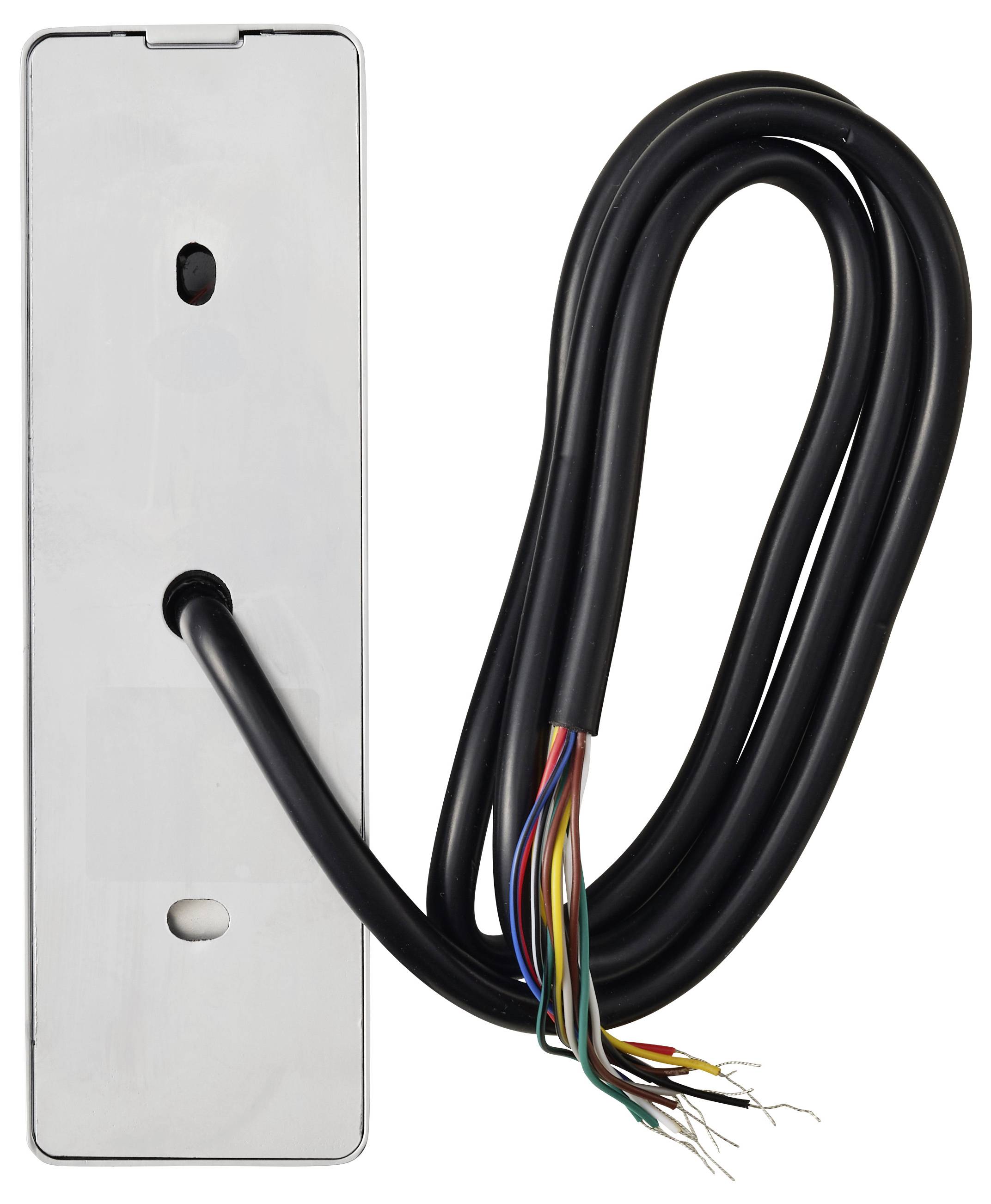 Ein schwarzes mehradriges Kabel, das an einer rechteckigen Metallplatte befestigt ist, mit freiliegenden farbigen Drähten am Ende auf weißem Hintergrund.
