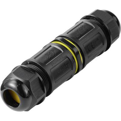 Schwarzer wasserdichter Kabelstecker mit gelben Dichtungsringen, gezeigt auf weißem Hintergrund.