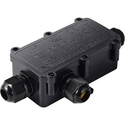 Schwarze wasserdichte Elektroverteilerdose mit zwei Kabelstutzen/Steckverbindern auf weißem Hintergrund.