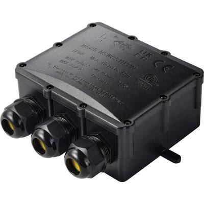 Schwarze wasserdichte elektrische Anschlussdose mit drei Kabeleinführungen und Schraubdeckel, isoliert auf weißem Hintergrund dargestellt.