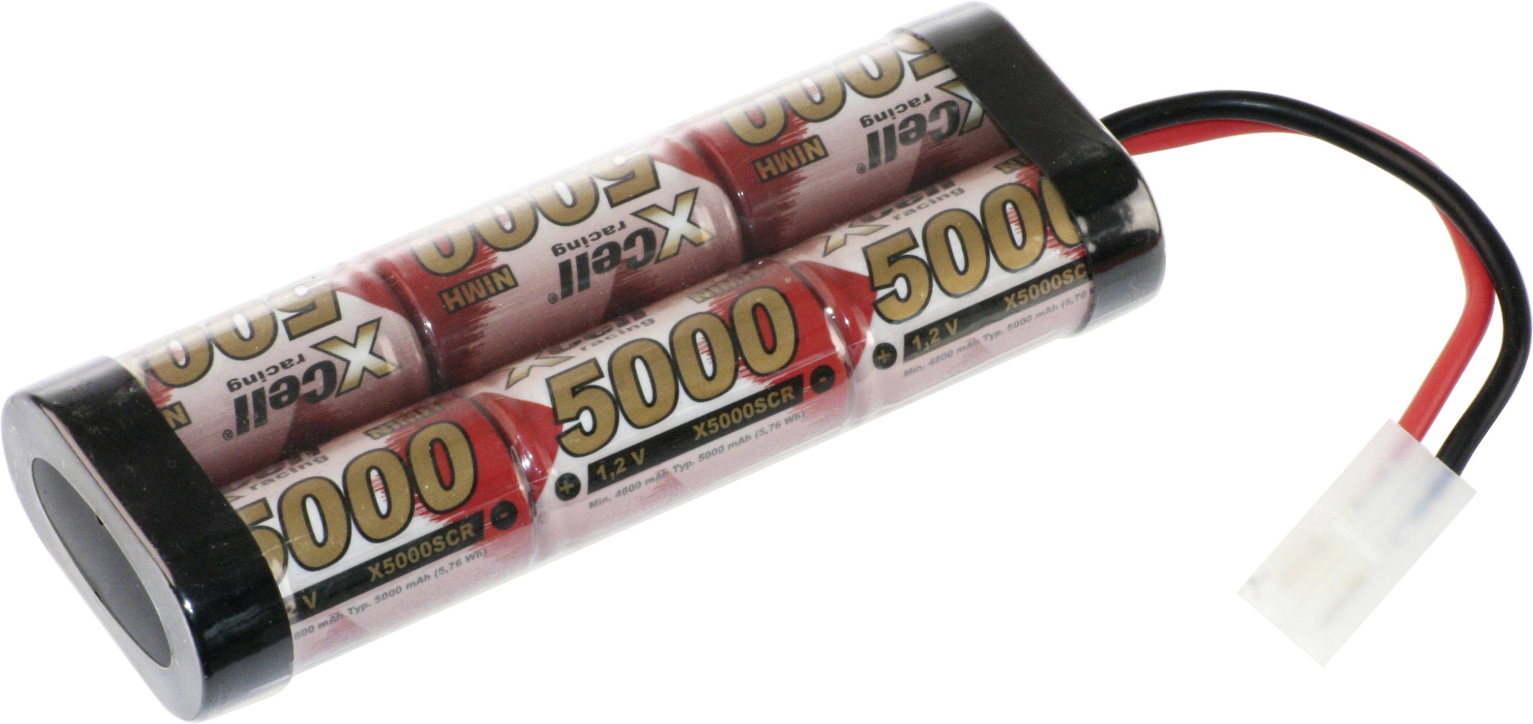 Ein sechszelligen wiederaufladbaren Batteriepack mit der Bezeichnung „5000 mAh, 7,2 V" mit roten, schwarzen und weißen Drähten, die mit einem Stecker verbunden sind.