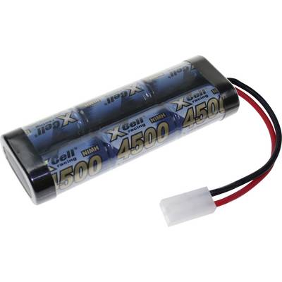 Ein Paket mit blauen zylindrischen Batterien mit der Bezeichnung „XCell Racing 4500 NiMH" mit roten und schwarzen Drähten und einem weißen Stecker.