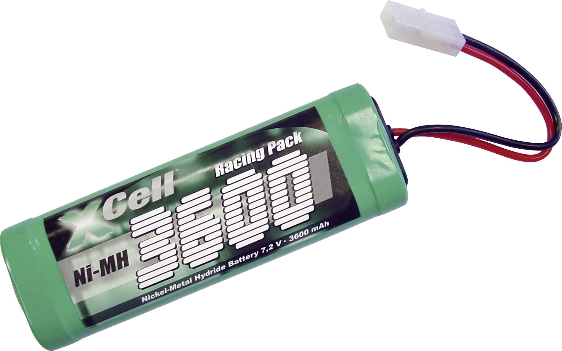 Grünes Ni-MH 3600mAh Akkupack mit Drähten, gekennzeichnet mit "XCell Racing Pack 7.2V".