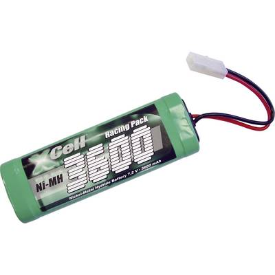 Grünes Ni-MH 3600mAh Akkupack mit Drähten, gekennzeichnet mit "XCell Racing Pack 7.2V".