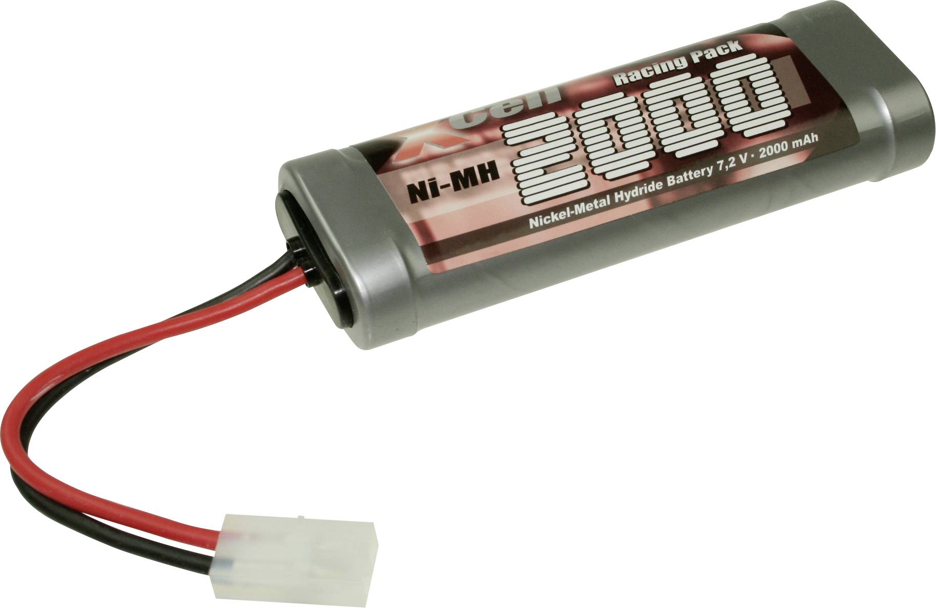 Ein zylindrischer Ni-MH-Akku mit der Bezeichnung „Racing Pack 2000", mit einer Kapazität von 2000 mAh, ausgestattet mit roten und schwarzen Drähten und einem weißen Stecker.