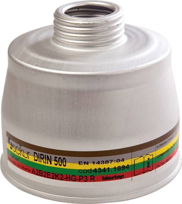 Ein silberner zylindrischer Gasmaskenfilter mit Farbstreifen und der Aufschrift „DIRIN 500". Gekennzeichnet mit A2B2E2K2-HG-P3R zum Schutz vor gefährlichen Gasen.