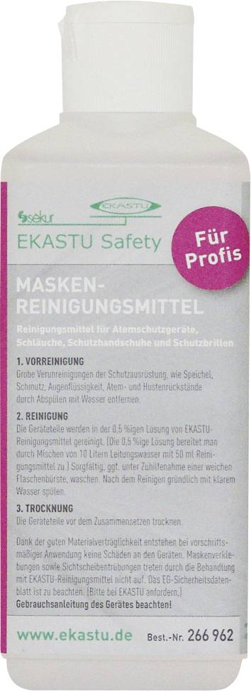 Flasche „EKASTU Sicherheitsmaske-Reiniger" mit Anweisungen zum Reinigen von Masken, Atemschutzgeräten und Schutzhelmen.