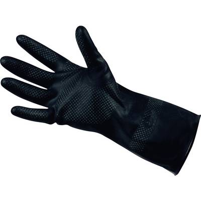 Ein schwarzer Gummihandschuh mit strukturierten Fingerkuppen und Handfläche, geeignet für Reinigungs- oder Schutzaufgaben, flach ausgelegt mit der Handfläche nach oben.