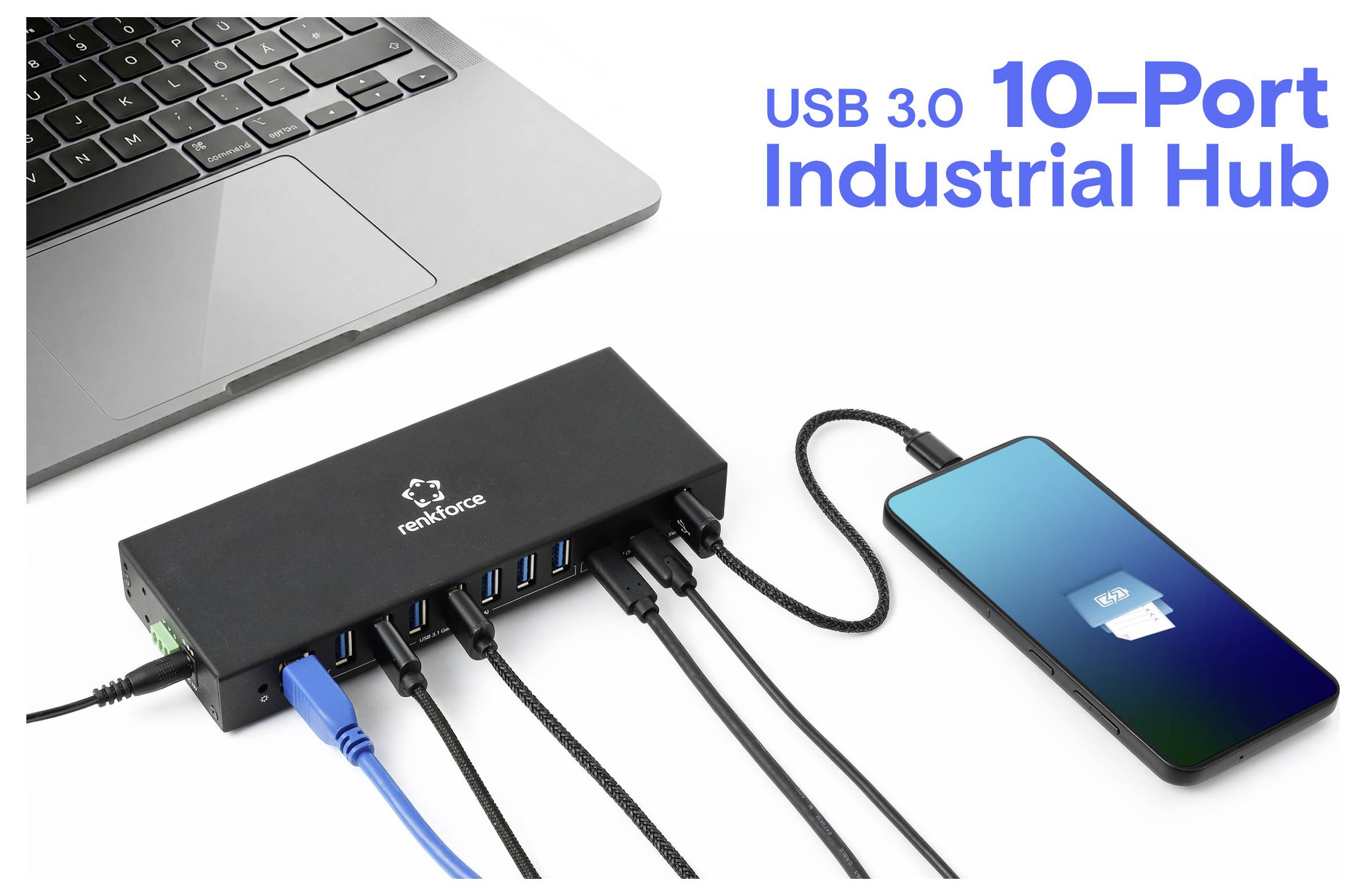 USB 3.0 10-Port Industrial Hub, der mit einem Laptop und Smartphone verbunden ist und mehrere USB-Geräte zeigt, die in den Hub eingesteckt sind.