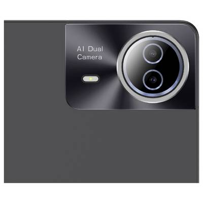 "AI Dual Camera" beschriftetes Kamermodul mit zwei Objektiven und LED-Blitz auf einem eleganten, dunklen Gerät.