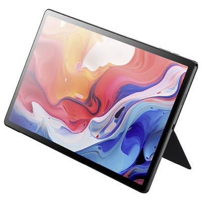 Ein Tablet mit einem lebendigen, abstrakten Musterwirbel auf dem Bildschirm, das rote, blaue und orangefarbige Farben anzeigt, ruht auf einem Ständer.