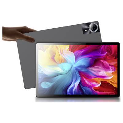 Eine Person hält ein elegantes Tablet mit einer lebendigen Anzeige bunter abstrakter Kunst.
