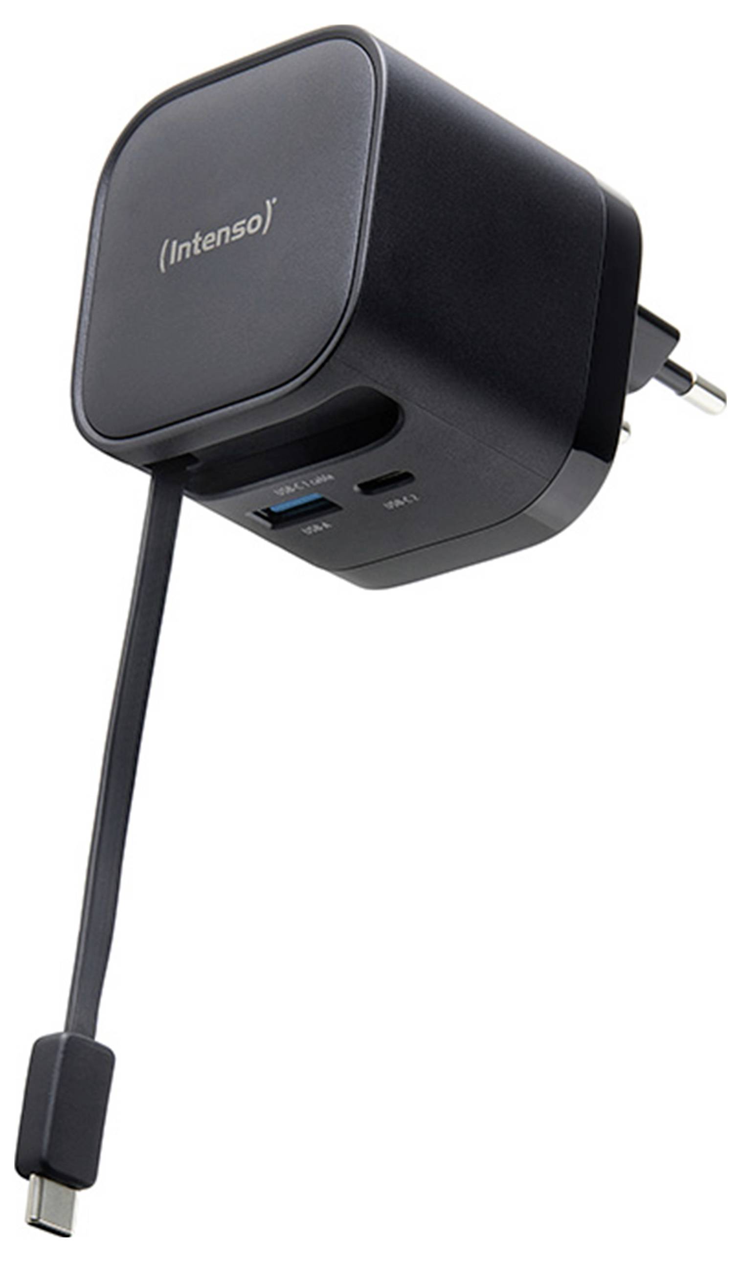 Ein schwarzes Wandladegerät mit einem USB-Anschluss, einem Micro-USB-Anschluss und einem angebrachten Kabel mit USB-C-Stecker. Mit der Aufschrift „Intenso" gekennzeichnet.