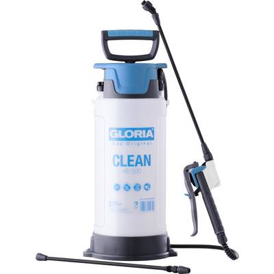 Eine weiß-blau gefärbte Sprühpumpe mit der Bezeichnung „Gloria Clean 500" mit einem Schlauch und einer Düse für Reinigungs- oder Gartenarbeiten.