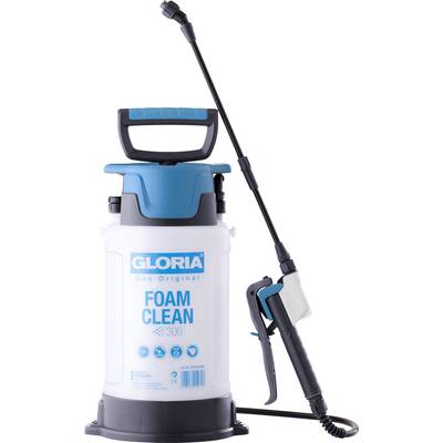 Ein weiß und blau gefärbter Schaumreiniger-Sprüher mit der Aufschrift „Gloria Foam Clean 300" auf seinem Gehäuse, mit einer langen Düse und einem Griff.