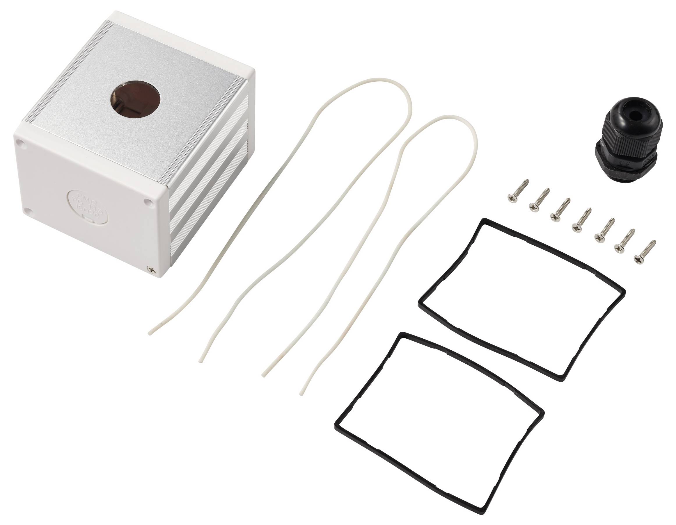 Hardware-Kit mit einer weißen Metallbox, schwarzer Kappe, zwei Dichtungen, drei Schlaufenschnüren und sechs Schrauben auf weißem Hintergrund angeordnet.