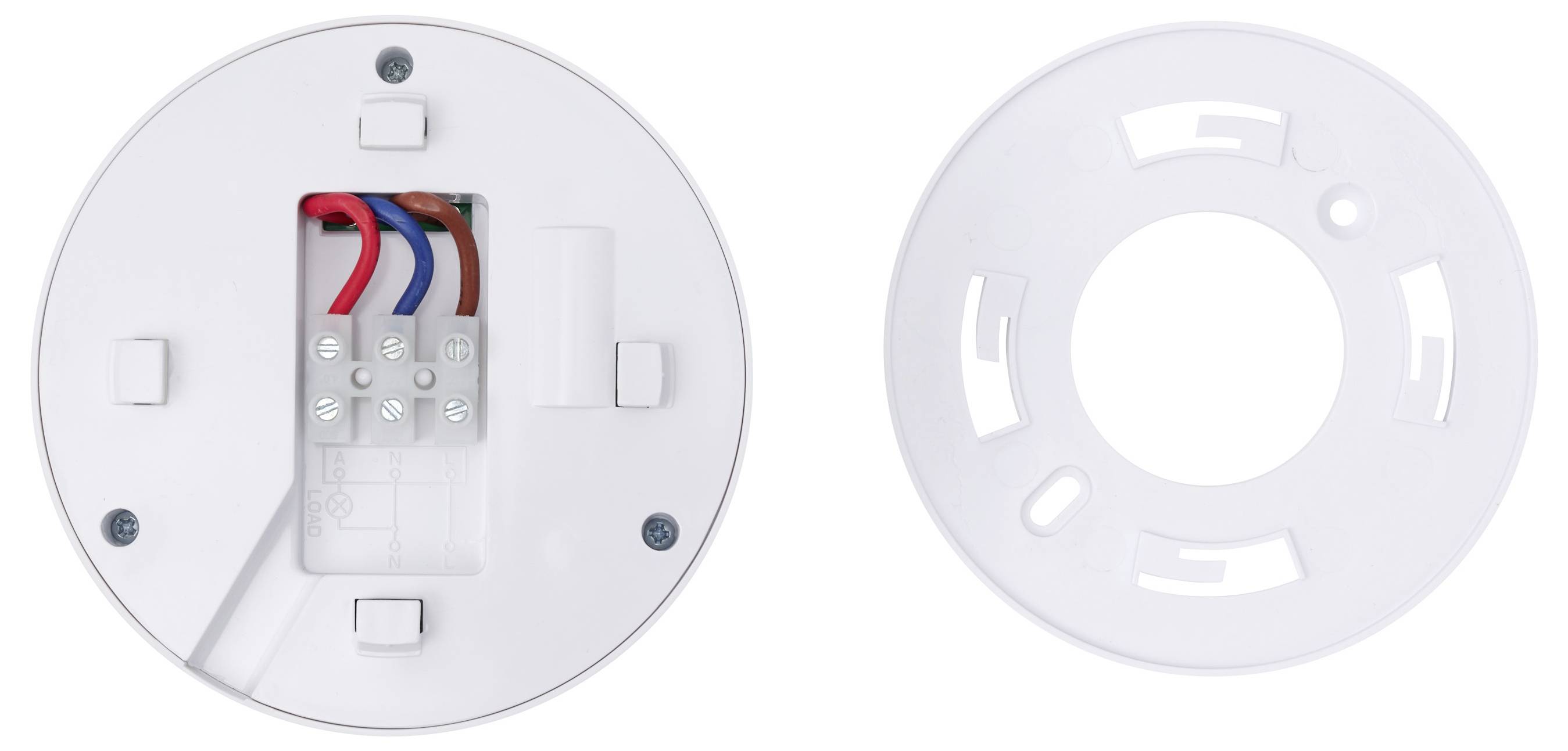 Weiße runde deckenmontagefähige Elektrobasis mit freigelegten roten, blauen und braunen Drähten, daneben eine passende Abdeckplatte gezeigt.