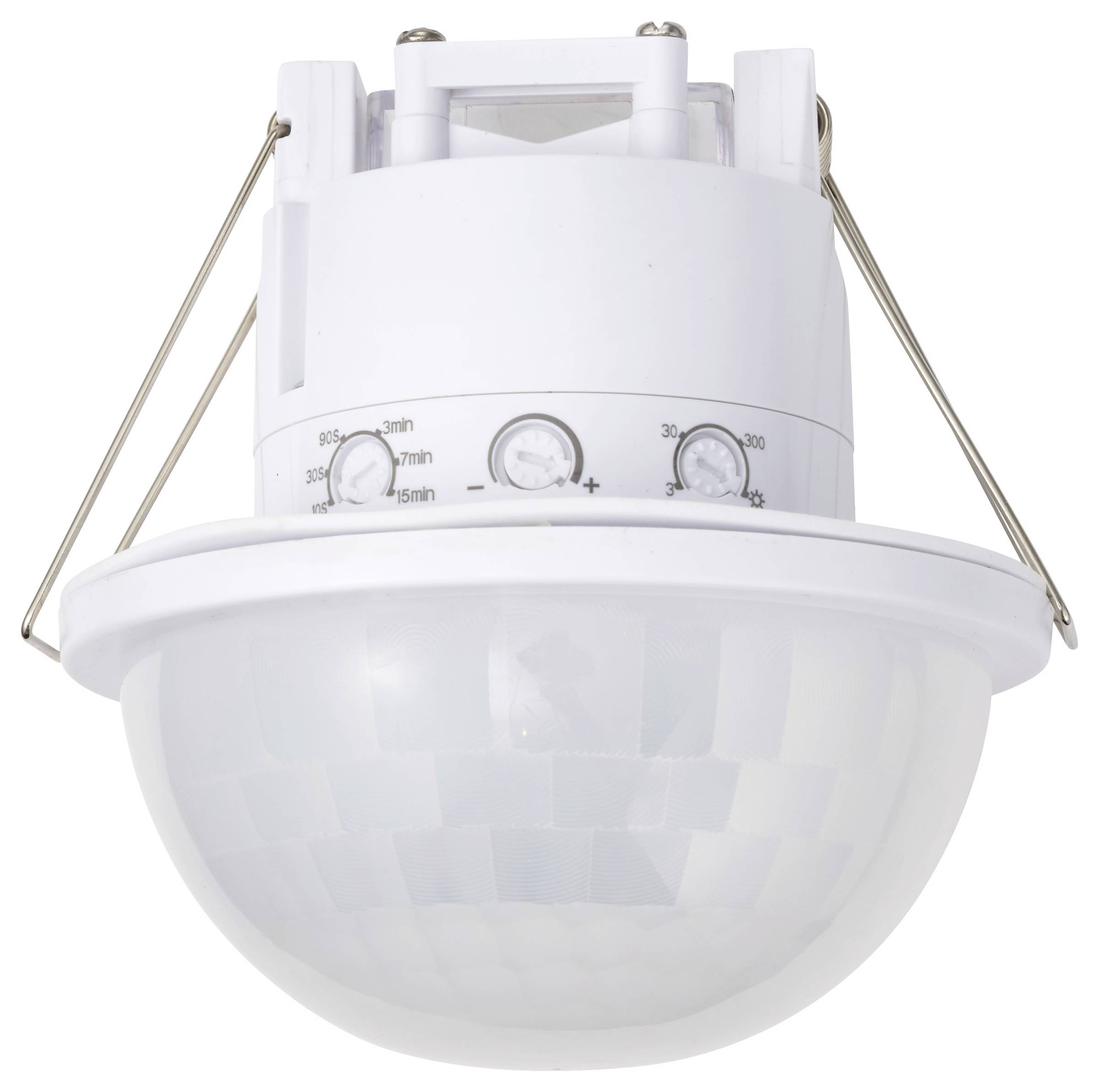 Weiße, an der Decke montierte Bewegungsmelderleuchte mit Kuppeldiffusor und einstellbaren Drehreglern für Timer, Empfindlichkeit und Lichtstärke.