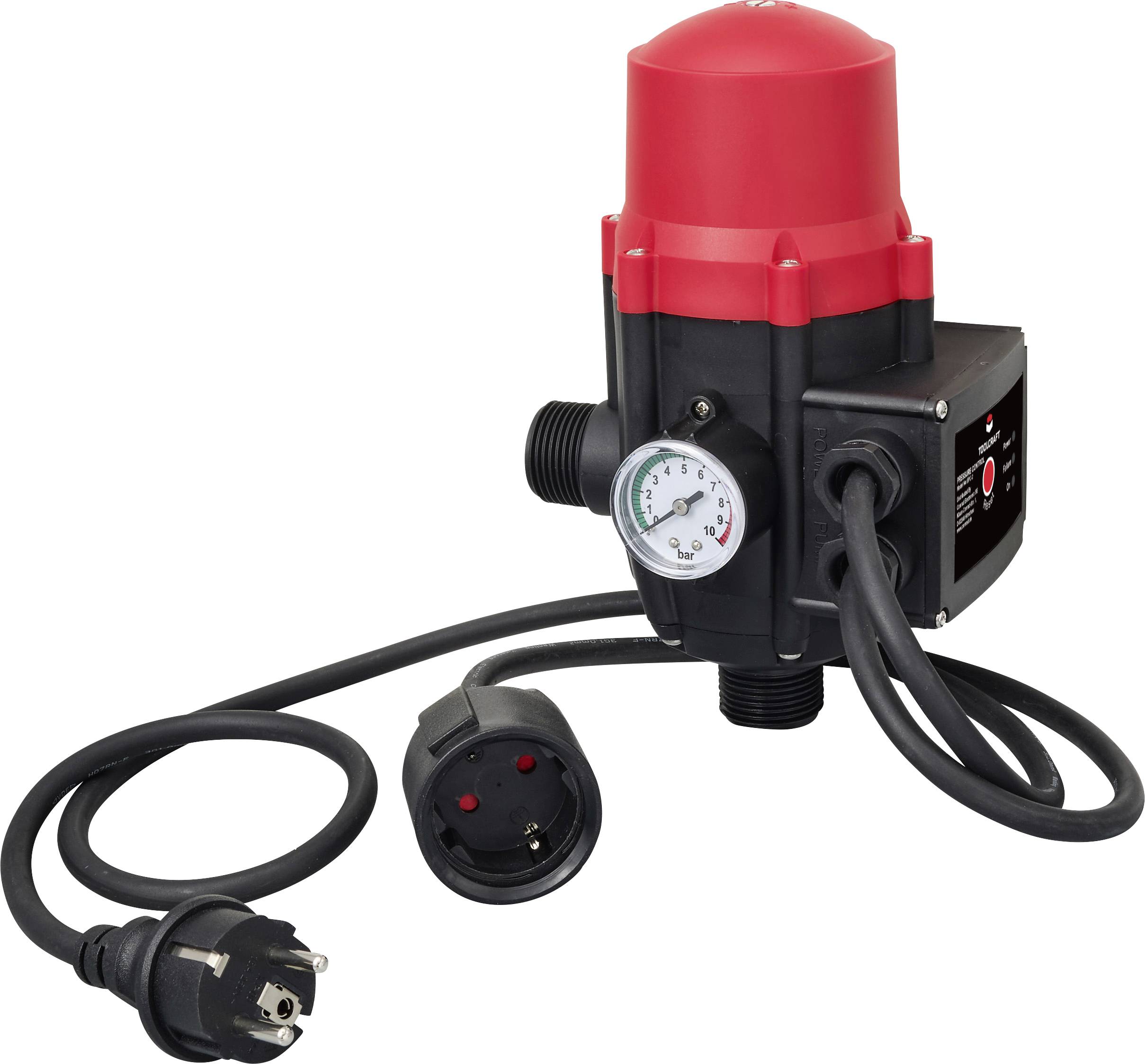 Druckschalter mit Manometer und Stromkabel, dargestellt als elektrische Pumpensteuerung auf weißem Hintergrund.