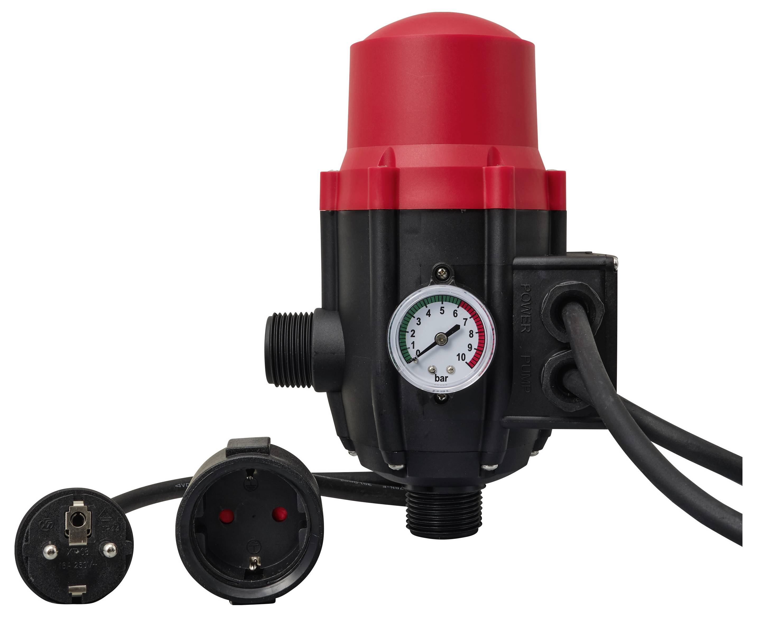 Industrieller Druckkontrollschalter mit roter Abdeckung, integriertem Manometer, Gewinderohrverbindungen und angeschlossenem Stromkabel auf weißem Hintergrund.