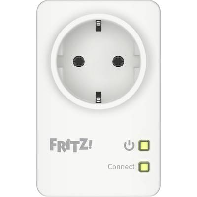 Ein intelligenter Stecker der Marke „FRITZ!" mit Power- und Connect-Tasten.