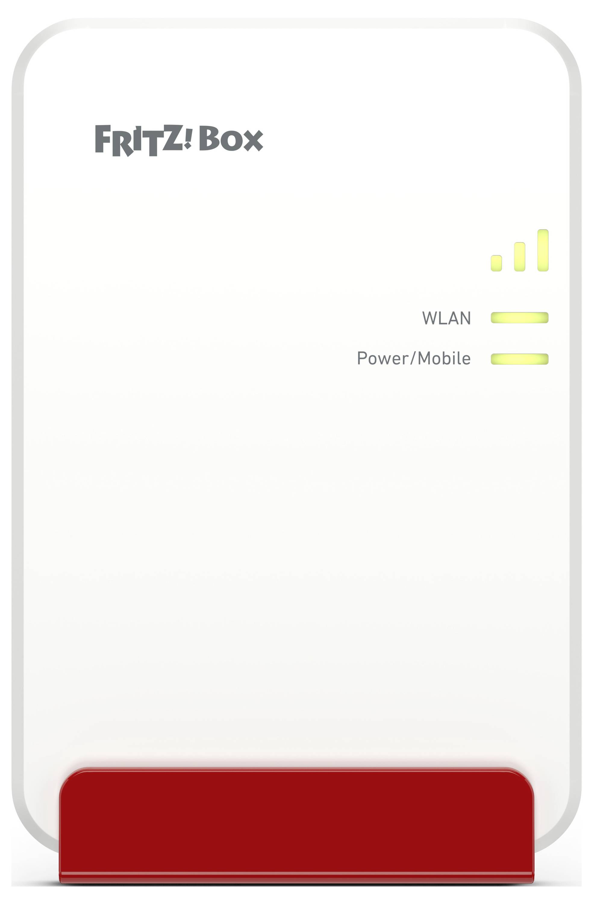 Ein FRITZ!Box-Router mit drei leuchtenden LED-Indikatoren mit den Bezeichnungen „WLAN" und „Power/Mobile" auf einem Weiß- und Rotdesign.