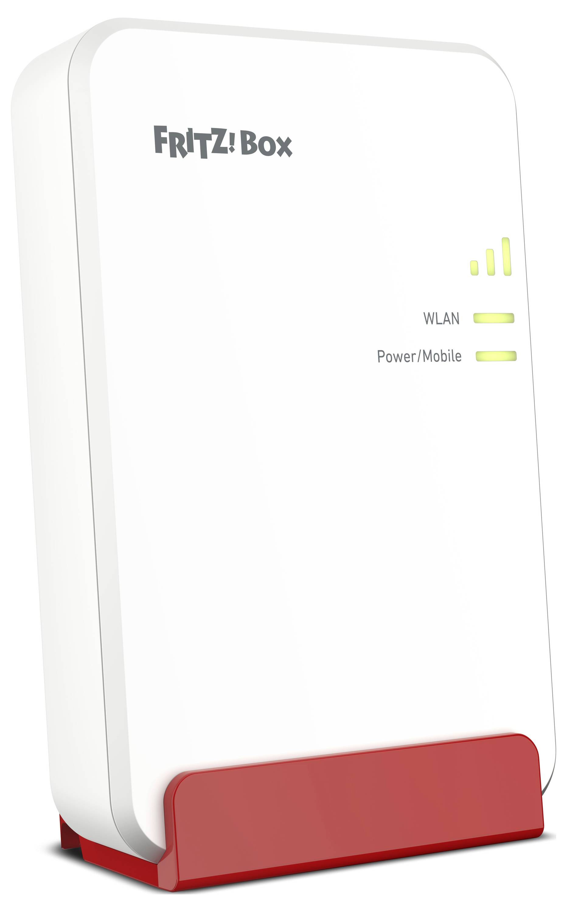 Ein weiß-rot farbiger kabelloses Routergerät mit der Bezeichnung "FRITZ!Box" mit Anzeigelichtern für WLAN und Stromversorgung/Mobilfunk auf der Frontseite.