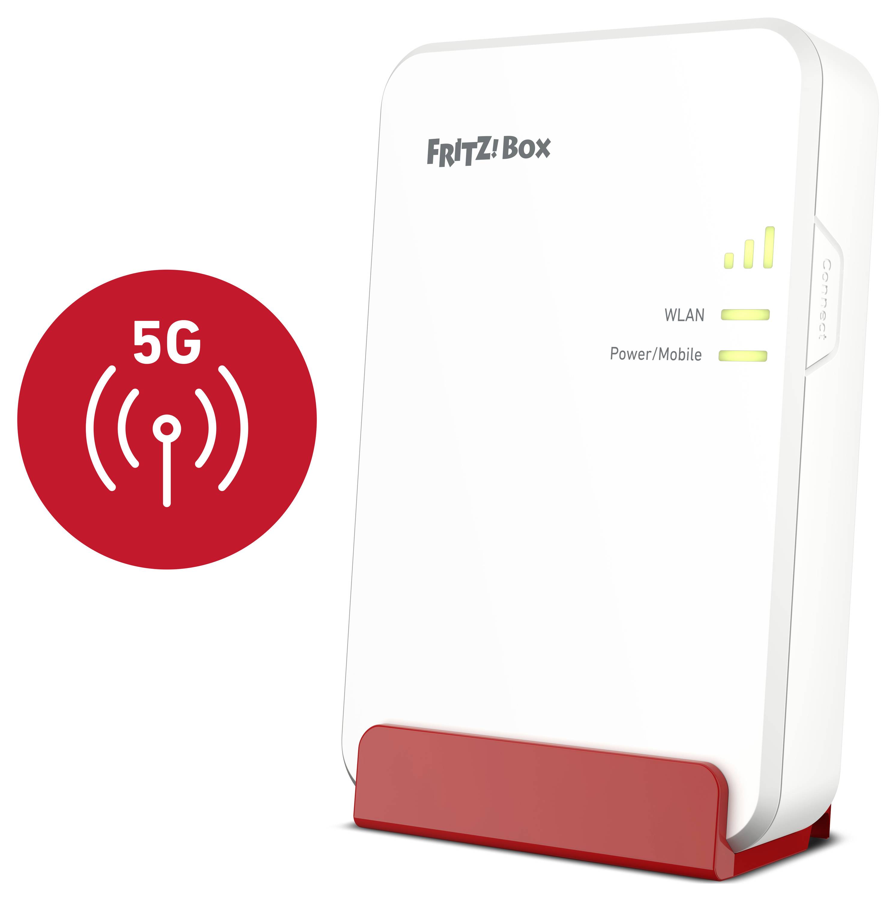 Ein weiß-roter Fritz!Box 5G Router mit Kontrollleuchten für WLAN, Stromversorgung/Mobilfunk und Verbindung. Ein rotes Symbol weist auf die 5G-Fähigkeit hin.