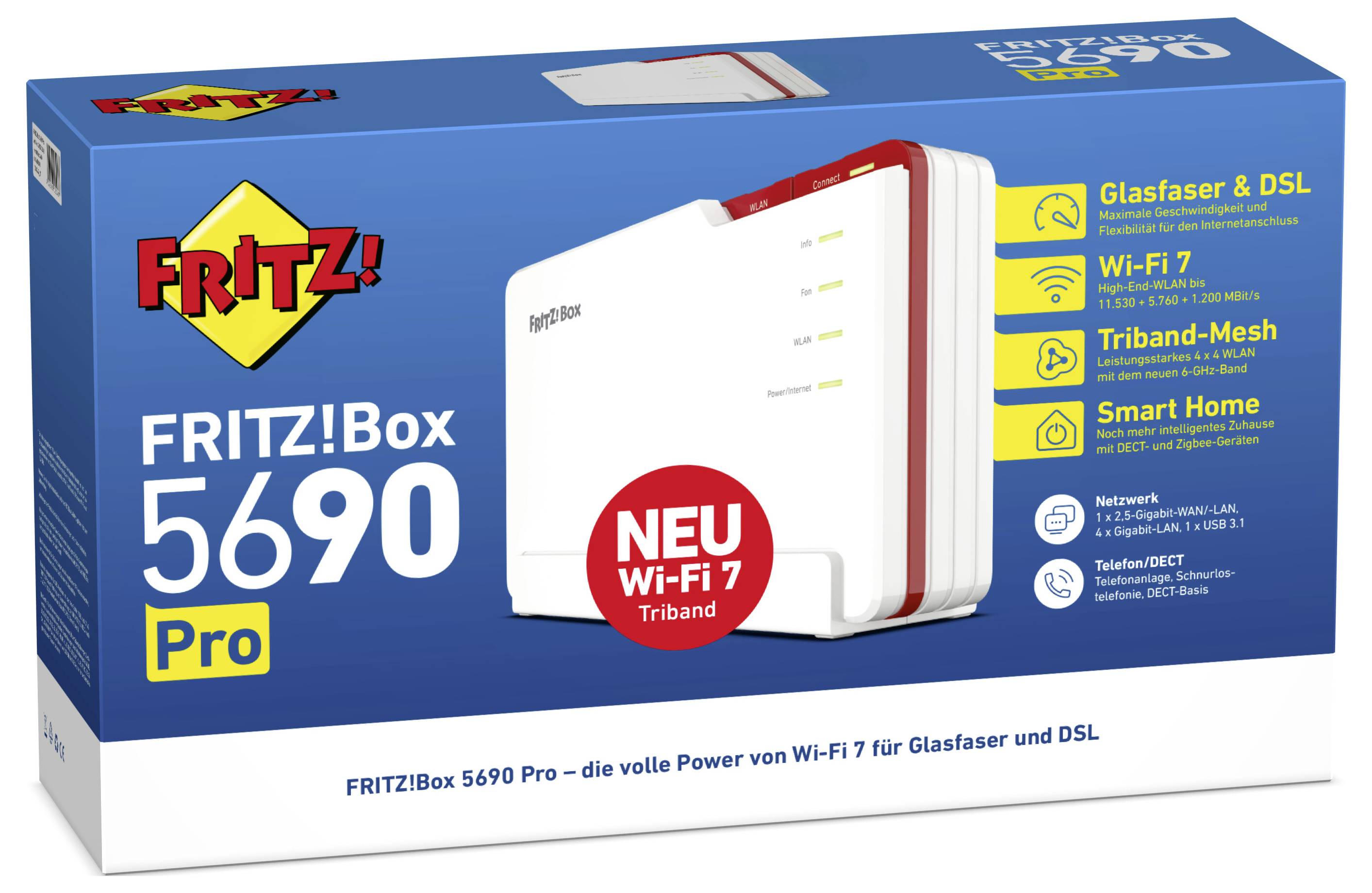 Verpackungsbox des 'FRITZ!Box 5690 Pro' mit Darstellung der Funktionen: Wi-Fi 7, Triband, Smart-Home-Integration, mit einem Bild des Routers.