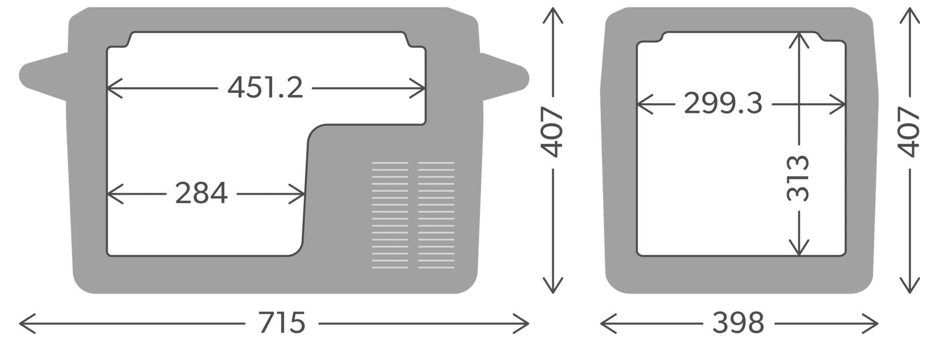 Technische Zeichnung mit grauem Teil in Seiten- und Frontansicht mit Abmessungen: 715 breit, 407 hoch, 451,2 und 284 innere Breiten, 398 breit, 299,3 innere Breite und 313 innere Höhe.