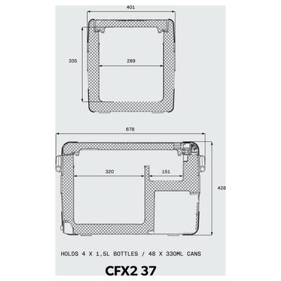 Diagramm eines CFX2 37 Kühlers mit Ober- und Seitenabmessungen, Innenabmessungen und Kapazität: 4 x 1,5L Flaschen oder 48 x 330ml Dosen.