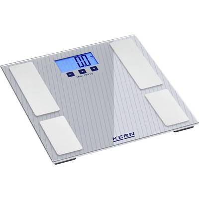 Digitale Badezimmerwaage mit silberner Oberfläche, blau beleuchtetes Display zeigt '0,0 kg', gekennzeichnet mit 'KERN' und maximaler Tragfähigkeit von 150 kg.