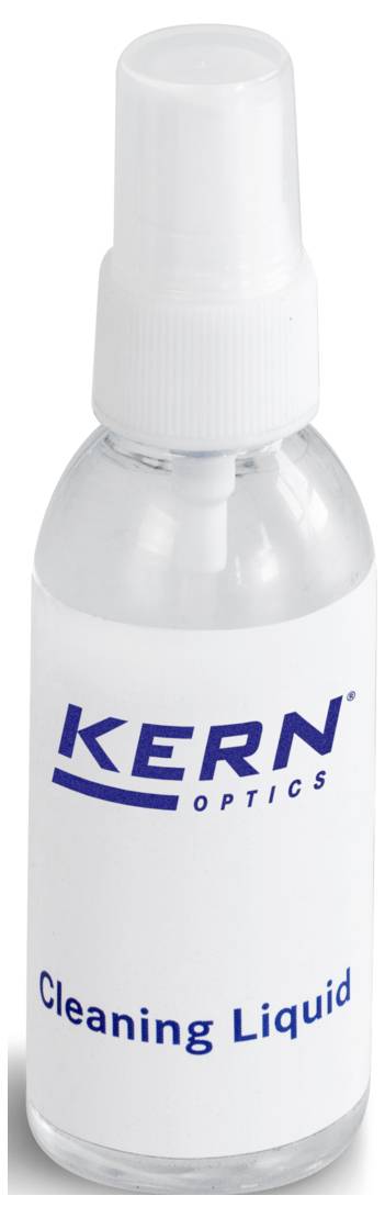 Eine Sprühflasche mit der Aufschrift "Kern Optics Cleaning Liquid" mit weißer Kappe, die zur Reinigung von optischen Linsen verwendet wird.