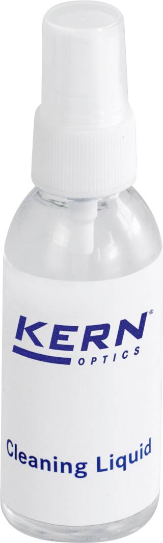 Klare Sprühflasche mit der Aufschrift „Kern Optics Cleaning Liquid", verwendet zum Reinigen von optischen Oberflächen.
