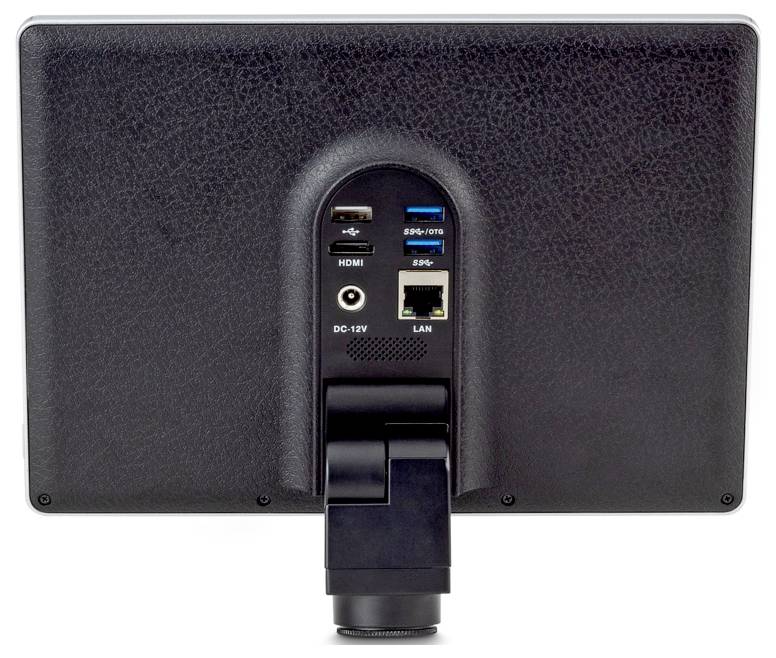 Das Bild zeigt die Rückseite eines Monitors mit gekennzeichneten Anschlüssen: HDMI, USB-C, USB-A und LAN, zusammen mit einem mit DC-12V gekennzeichneten Stromeingang.