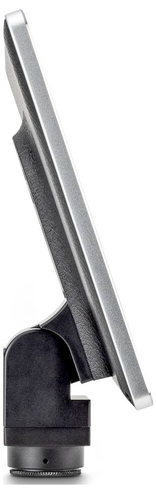 Seitenansicht eines eleganten Computermonitors mit stabilem schwarzem Fuß, der sein schlankes Profil und modernes Design hervorhebt.