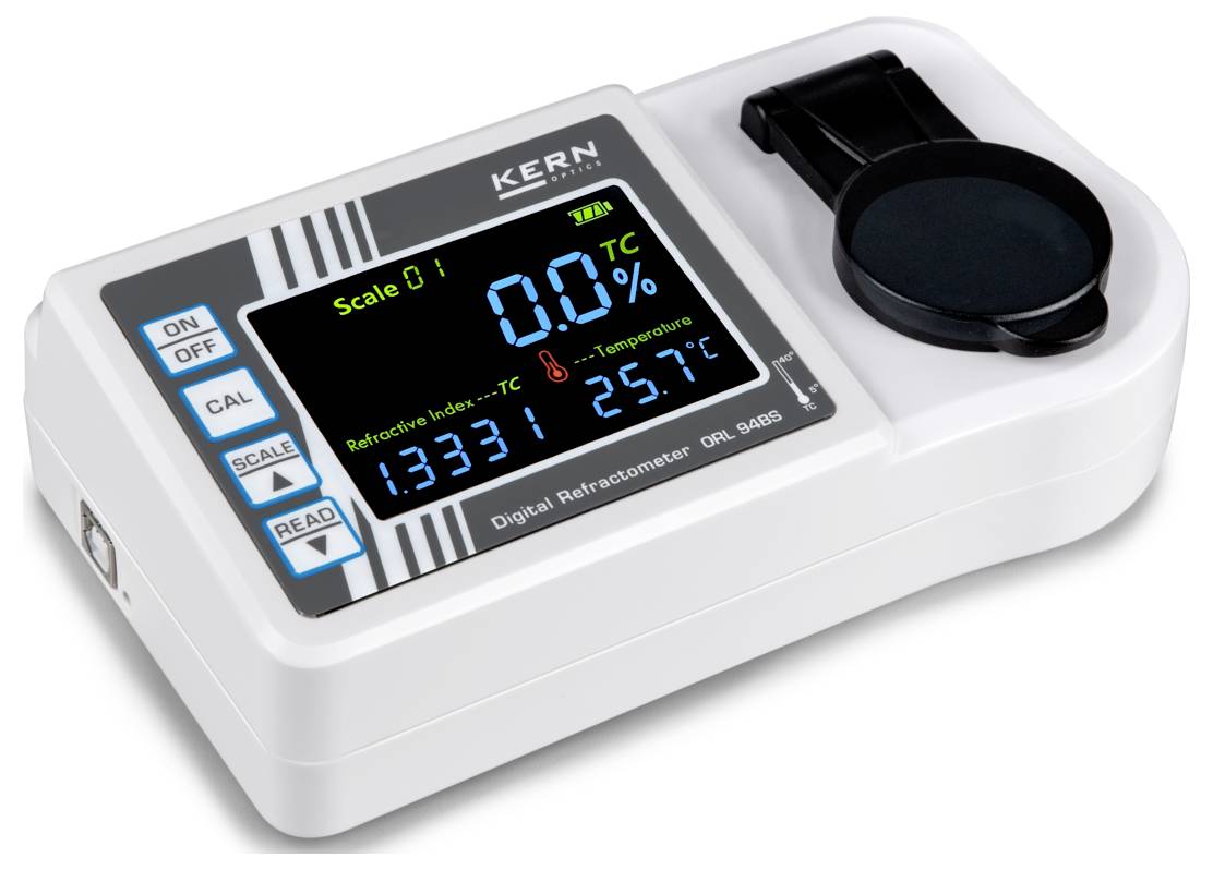 Digitales Refraktometer mit Skala „0,1", Brechungsindex „1,333" und Temperatur „25,7°C" auf dem Bildschirm.