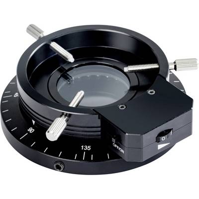 Eine Nahaufnahme eines schwarzen mechanischen Geräts mit nummerierten Markierungen, Verstellschrauben und einem kreisförmigen Glaselement, möglicherweise eine Rotationsbühne für präzise Positionierung in wissenschaftlicher oder industrieller Anwendung.