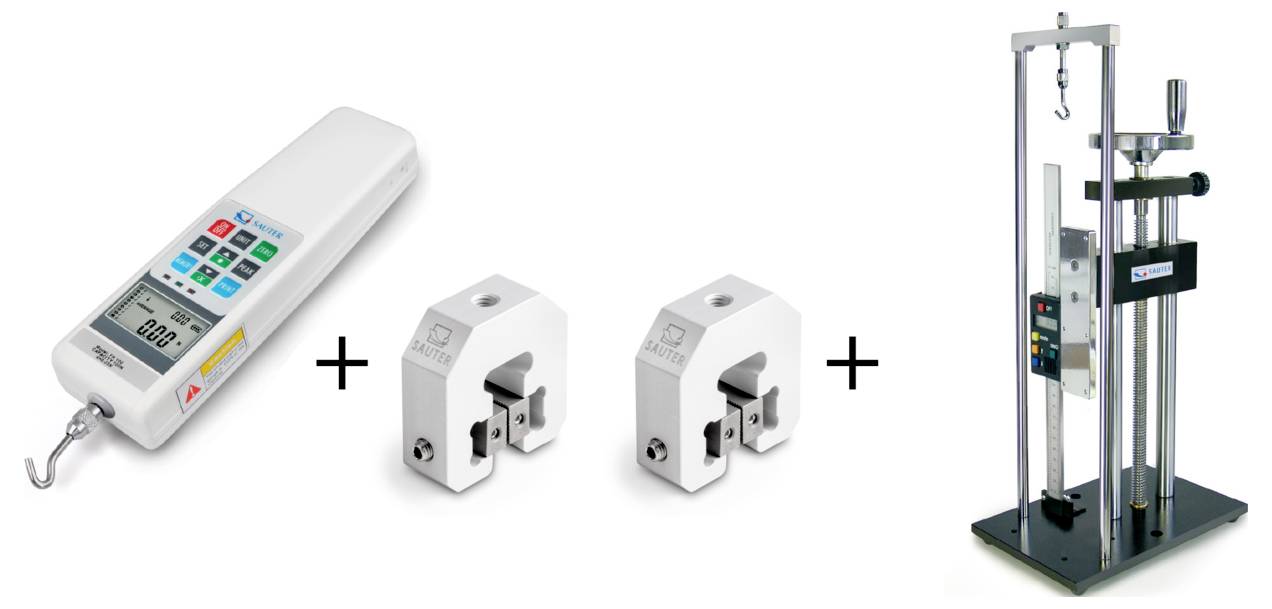 Kraftmessgerät und Zubehör: digitales Kraftmessgerät mit Hakenbefestigung, zwei Spannvorrichtungen und ein vertikales Prüfgestell mit Bedienfeld.